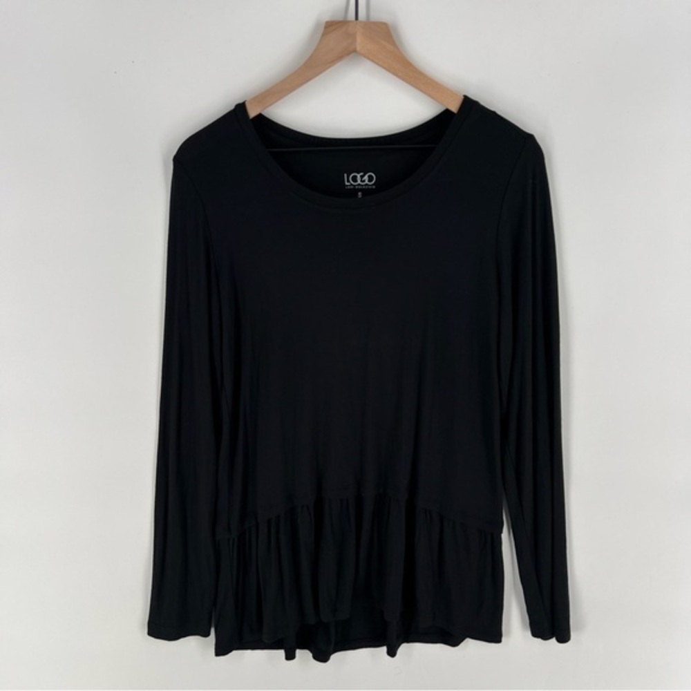 LOGO Lori Goldstein Soft‎ Black Long Sleeve Dropped Waist Tunic Top